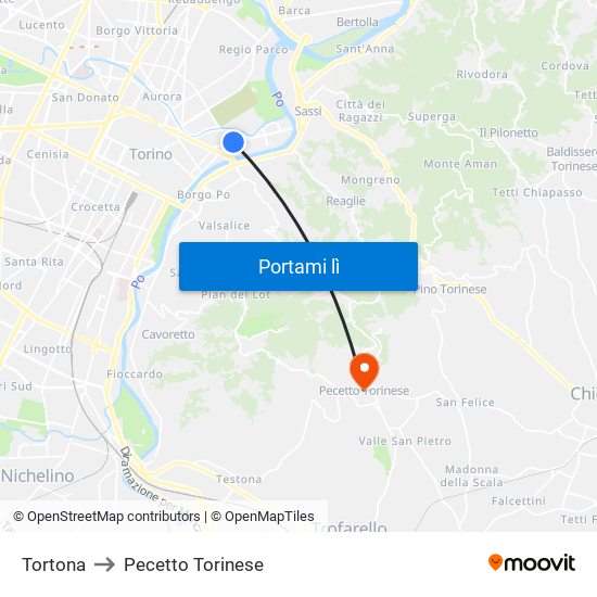 Tortona to Pecetto Torinese map