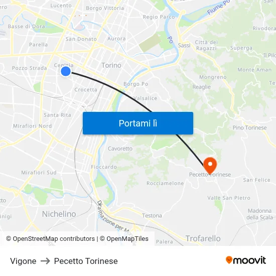 Vigone to Pecetto Torinese map