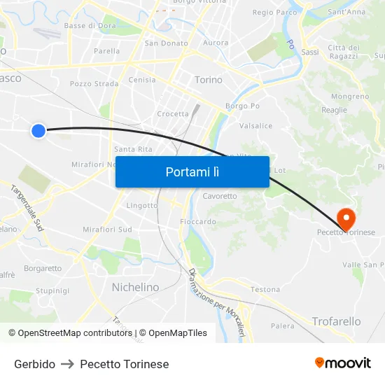 Gerbido to Pecetto Torinese map