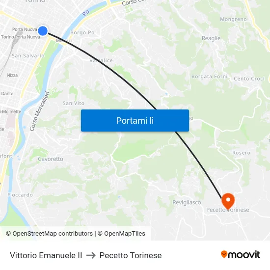 Vittorio Emanuele II to Pecetto Torinese map