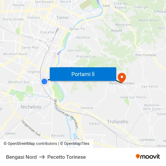 Bengasi Nord to Pecetto Torinese map