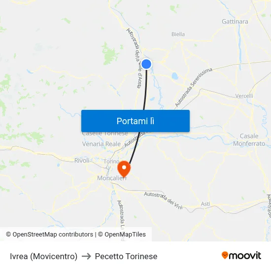 Ivrea (Movicentro) to Pecetto Torinese map