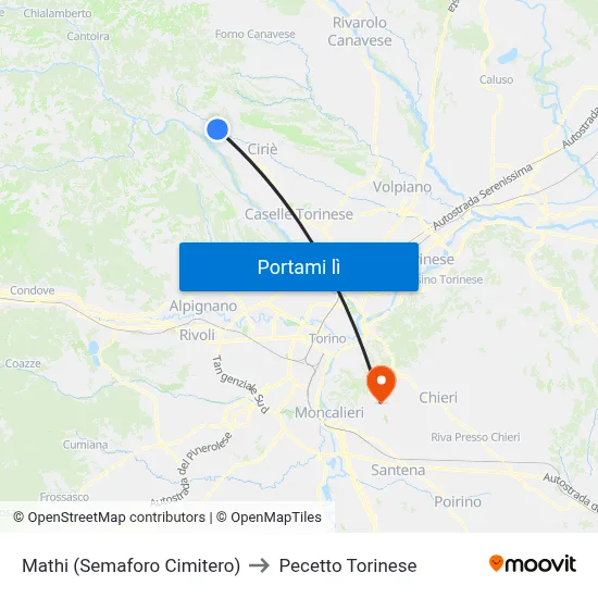 Mathi (Semaforo Cimitero) to Pecetto Torinese map