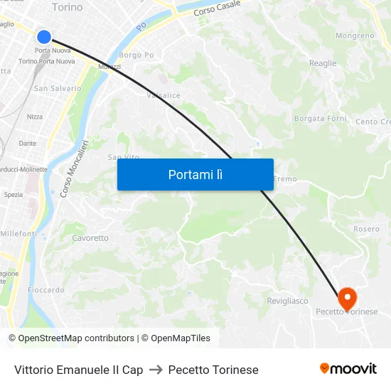 Vittorio Emanuele II Cap to Pecetto Torinese map