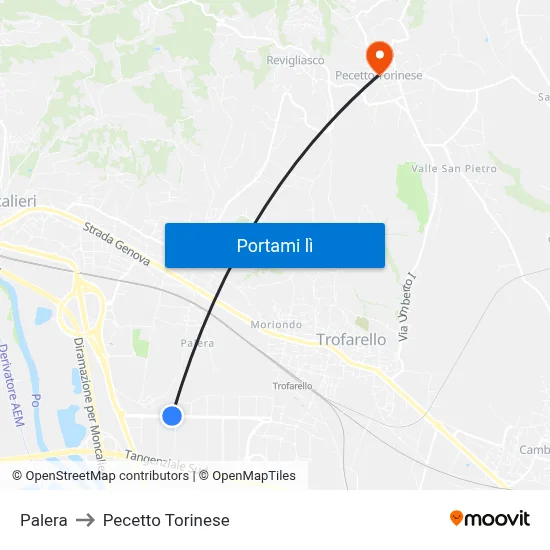 Palera to Pecetto Torinese map