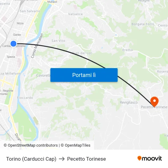 Torino (Carducci Cap) to Pecetto Torinese map