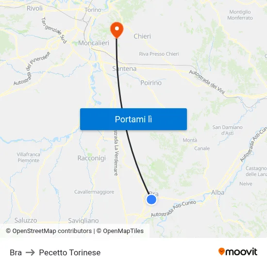 Bra to Pecetto Torinese map