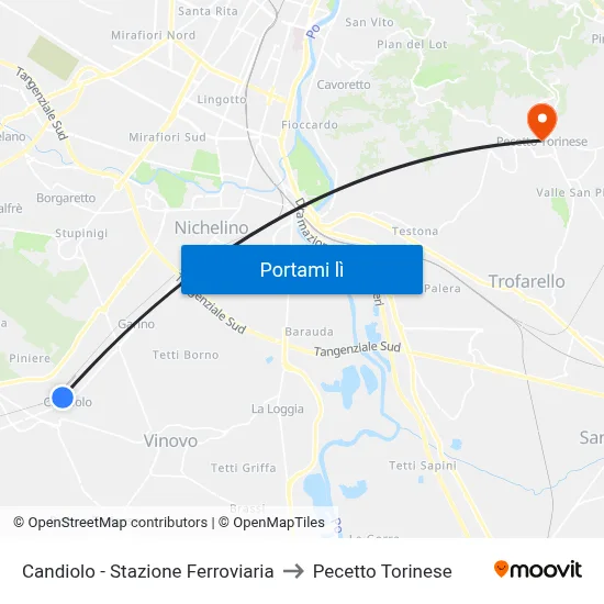 Candiolo - Stazione Ferroviaria to Pecetto Torinese map