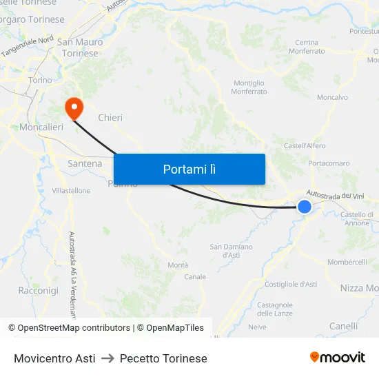 Movicentro Asti to Pecetto Torinese map