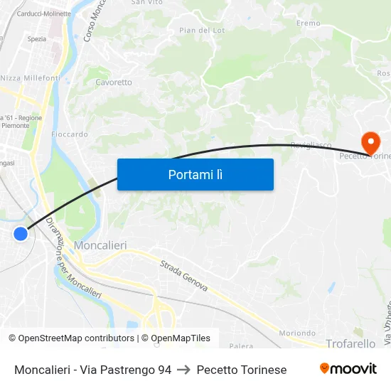 Moncalieri - Via Pastrengo  94 to Pecetto Torinese map