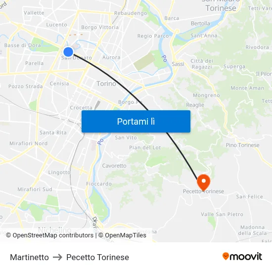 Martinetto to Pecetto Torinese map