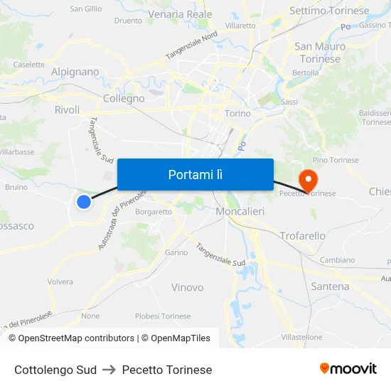 Cottolengo Sud to Pecetto Torinese map