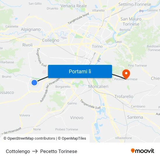 Cottolengo to Pecetto Torinese map