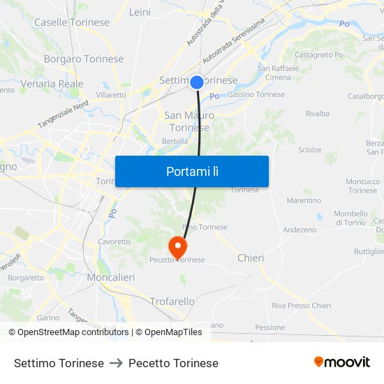 Settimo Torinese to Pecetto Torinese map