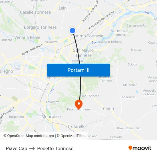 Piave Cap to Pecetto Torinese map
