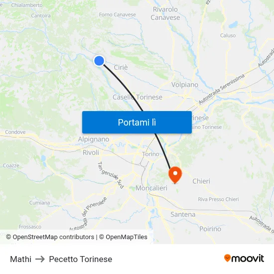 Mathi to Pecetto Torinese map