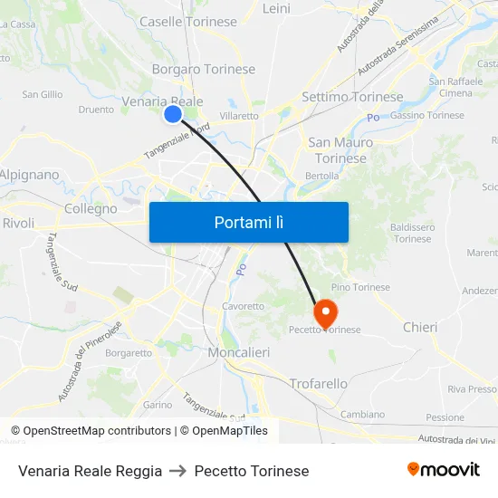 Venaria Reale Reggia to Pecetto Torinese map