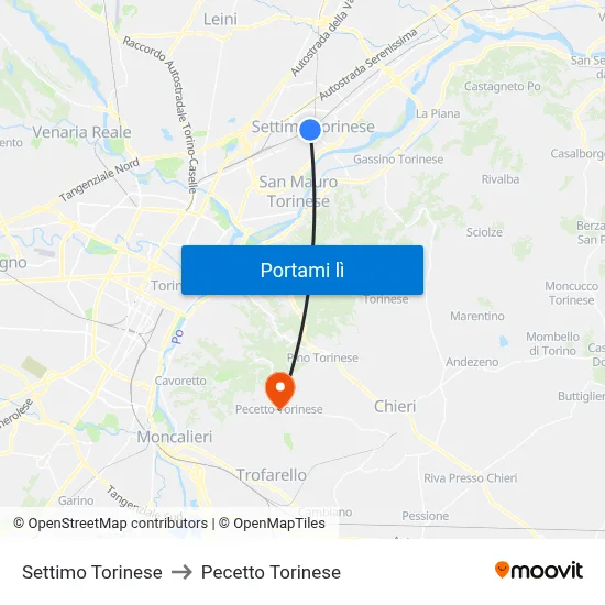 Settimo Torinese to Pecetto Torinese map