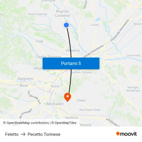 Feletto to Pecetto Torinese map