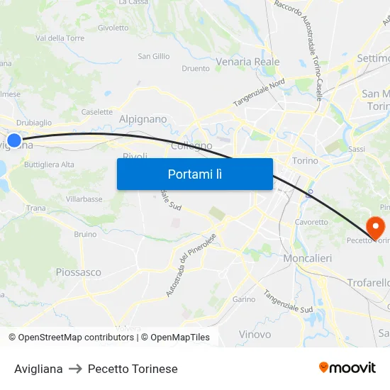 Avigliana to Pecetto Torinese map
