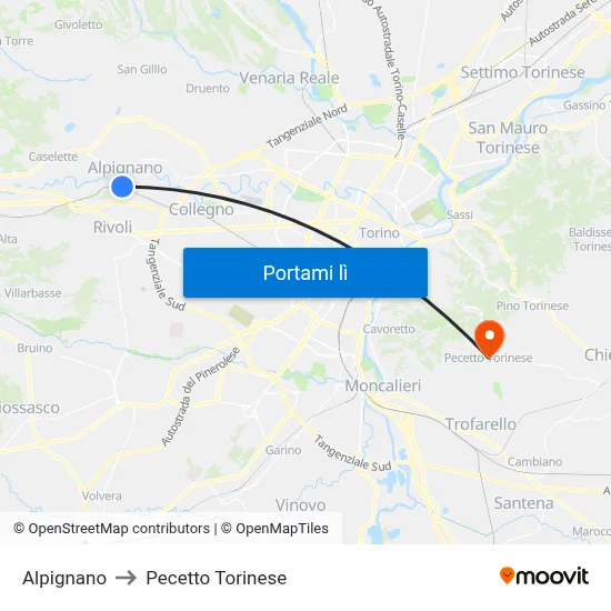 Alpignano to Pecetto Torinese map