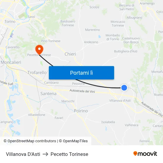 Villanova D'Asti to Pecetto Torinese map