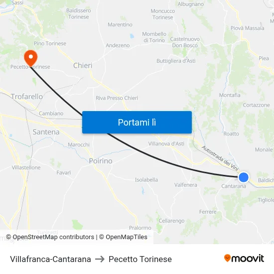 Villafranca-Cantarana to Pecetto Torinese map