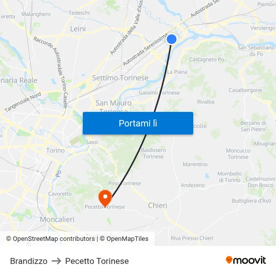 Brandizzo to Pecetto Torinese map