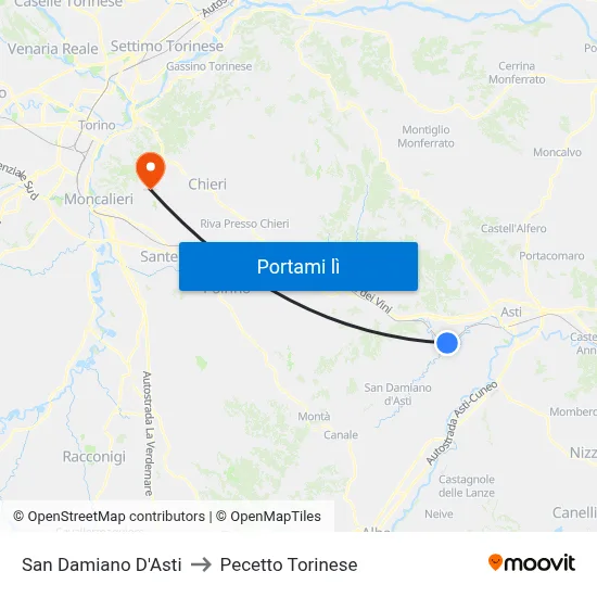 San Damiano D'Asti to Pecetto Torinese map