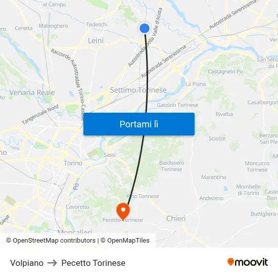 Volpiano to Pecetto Torinese map