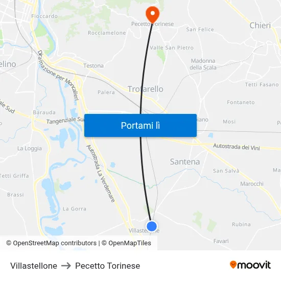 Villastellone to Pecetto Torinese map
