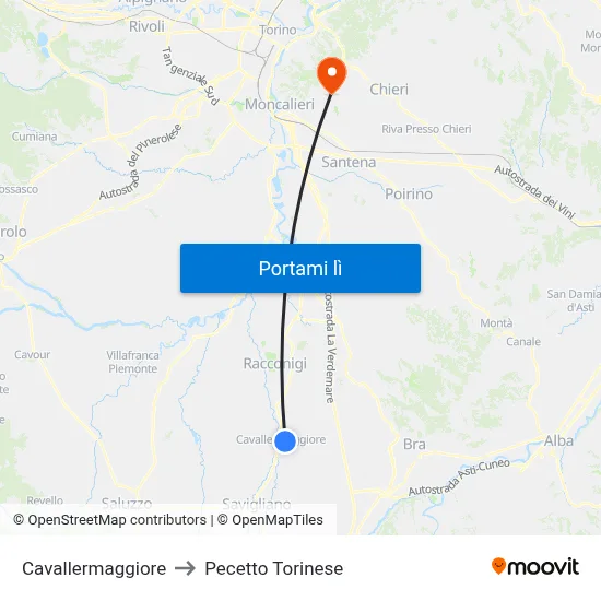 Cavallermaggiore to Pecetto Torinese map