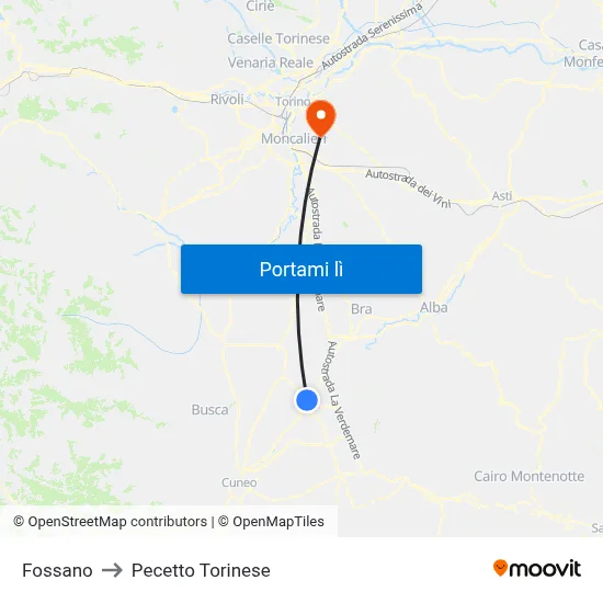 Fossano to Pecetto Torinese map