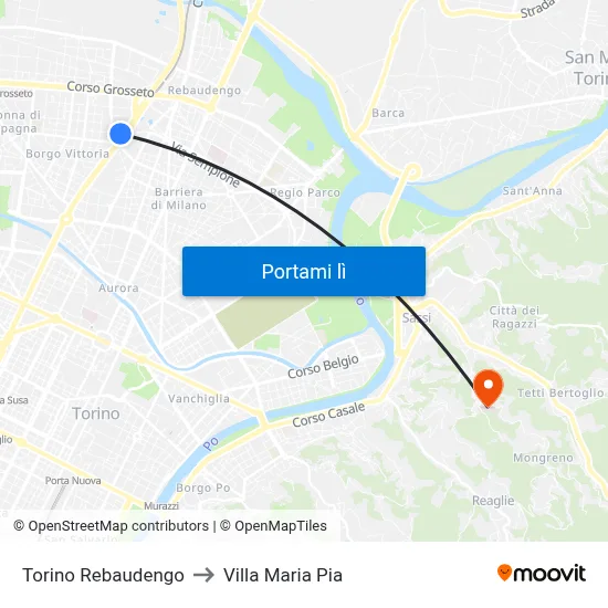 Torino Rebaudengo to Villa Maria Pia map