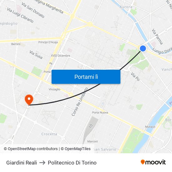 Giardini Reali to Politecnico Di Torino map