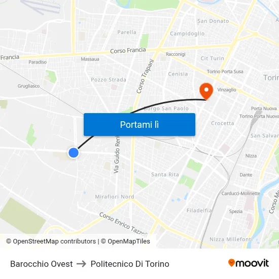 Barocchio Ovest to Politecnico Di Torino map