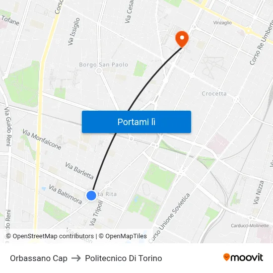 Orbassano Cap to Politecnico Di Torino map