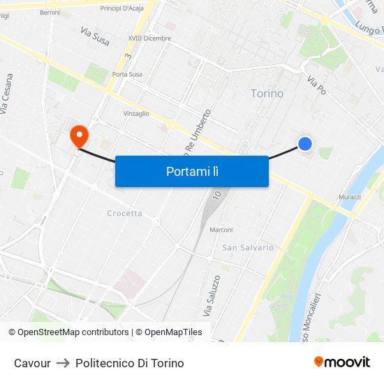 Cavour to Politecnico Di Torino map