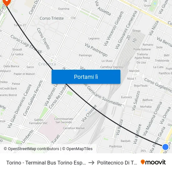 Torino - Terminal Bus Torino Esposizioni to Politecnico Di Torino map