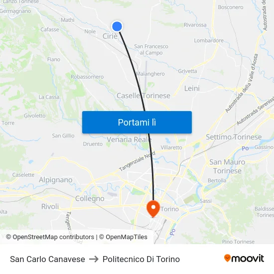 San Carlo Canavese to Politecnico Di Torino map