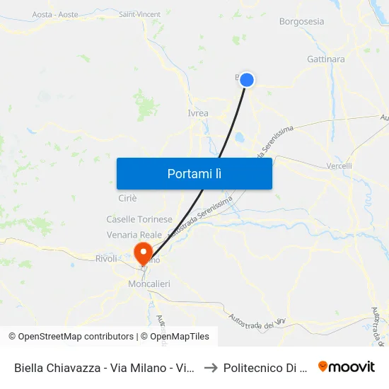 Biella Chiavazza - Via Milano - Via Rosazza to Politecnico Di Torino map