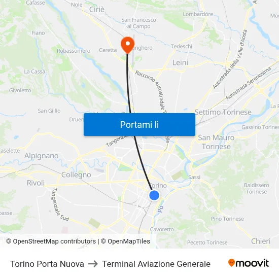 Torino Porta Nuova to Terminal Aviazione Generale map
