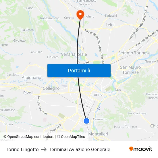 Torino Lingotto to Terminal Aviazione Generale map