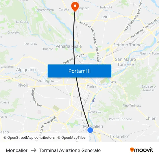 Moncalieri to Terminal Aviazione Generale map