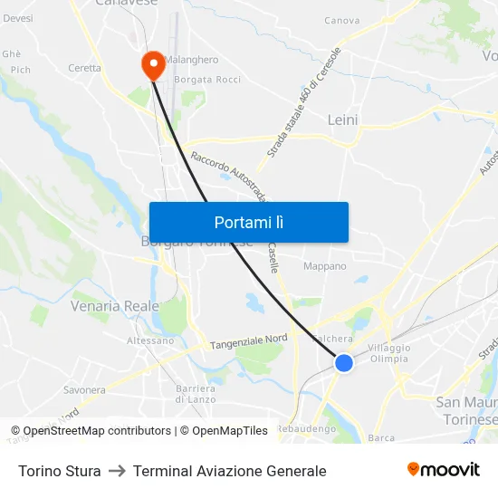 Torino Stura to Terminal Aviazione Generale map