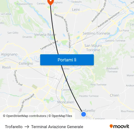 Trofarello to Terminal Aviazione Generale map