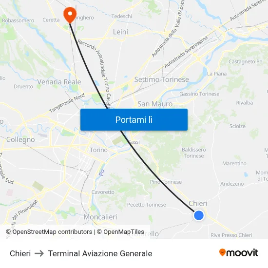 Chieri to Terminal Aviazione Generale map