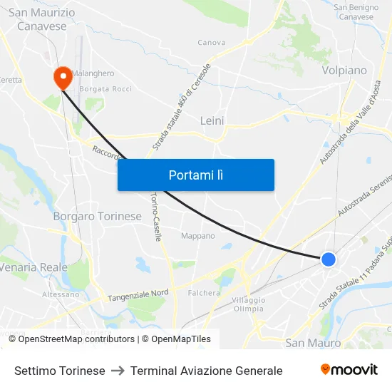 Settimo Torinese to Terminal Aviazione Generale map