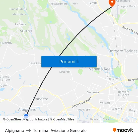 Alpignano to Terminal Aviazione Generale map