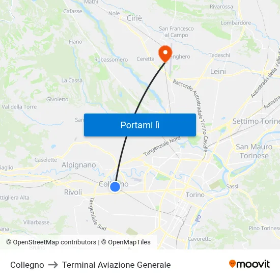 Collegno to Terminal Aviazione Generale map